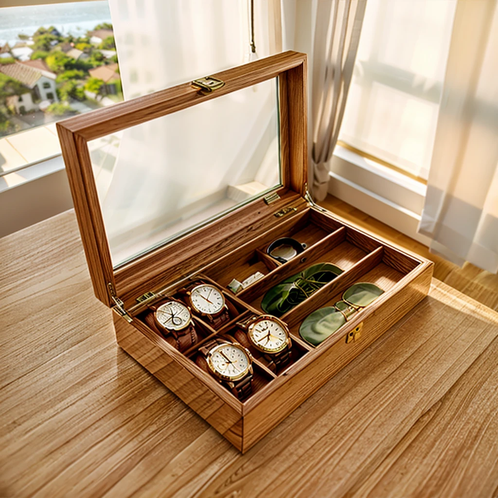 In this cozy room，A ray of sunlight shone on the table through the half-drawn curtains，Let the wood grain on the watch storage case shine with a faint sheen。There is a calm and serene atmosphere in the surrounding air。Several still lifes hang on the walls of the room，It adds a touch of elegance to the space。And on the other side of the room，A half-open window lets the breeze blow in，The pages on the small desk by the window flipped in the wind，This quiet scene gives a sense of tranquility and comfort。


