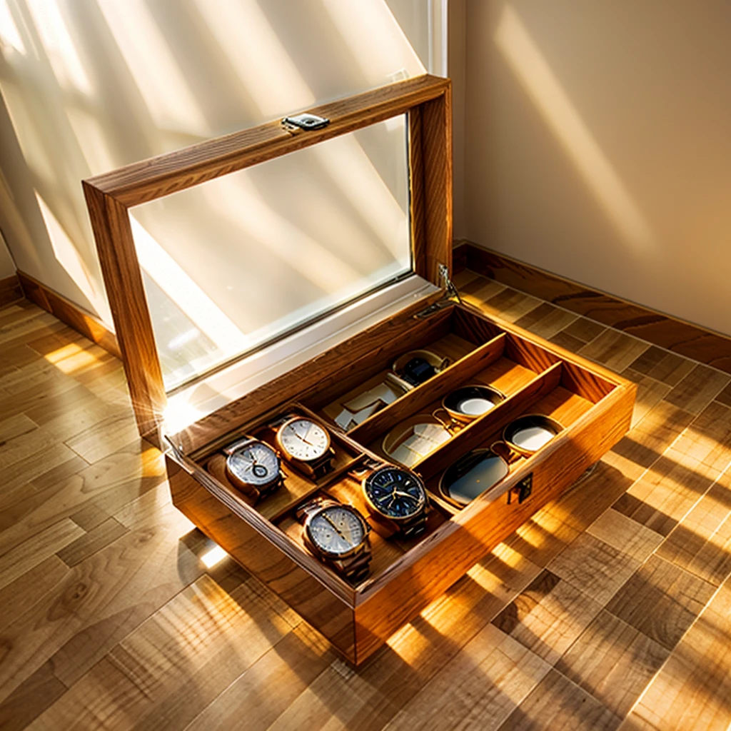 In this cozy room,A ray of sunlight shone on the table through the half-drawn curtains,Let the wood grain on the watch storage case shine with a faint sheen。There is a calm and serene atmosphere in the surrounding air。Several still lifes hang on the walls of the room,It adds a touch of elegance to the space。And on the other side of the room,A half-open window lets the breeze blow in,The pages on the small desk by the window flipped in the wind,This quiet scene gives a sense of tranquility and comfort。
