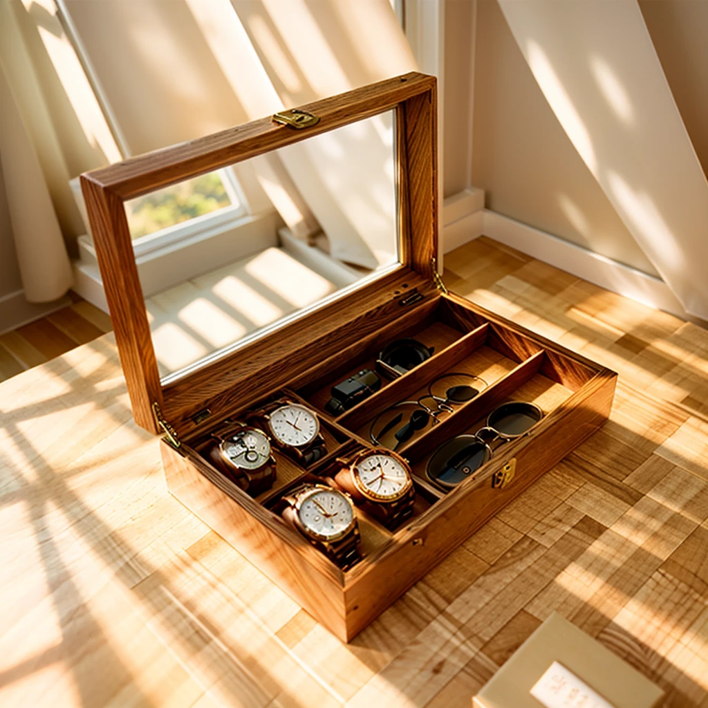 In this cozy room,A ray of sunlight shone on the table through the half-drawn curtains,Let the wood grain on the watch storage case shine with a faint sheen。There is a calm and serene atmosphere in the surrounding air。Several still lifes hang on the walls of the room,It adds a touch of elegance to the space。And on the other side of the room,A half-open window lets the breeze blow in,The pages on the small desk by the window flipped in the wind,This quiet scene gives a sense of tranquility and comfort。