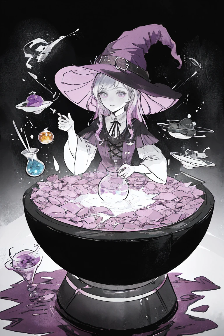 Potion Making: "The witch concocts a colorful potion, surrounded by bubbling cauldrons and mystical ingredients."