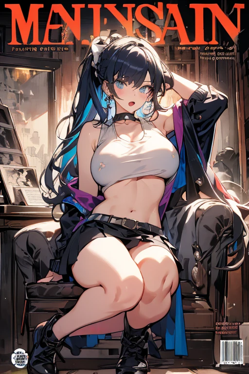 (masterpiece:1.2), (Military uniform magazine cover:1.4),best quality,PIXIV,Sweet girl , sexy posture,1girl, (perky chest:1.2), rolling upskirt by wind:1.6, (with sparkling eyes and a contagious smile),open mouth, (pointed chest:1.2),fishnets, black hair, boots, long hair, black nails, skirt, shirt, black footwear, bag, black skirt, jewelry, jacket, thigh strap, bangs, necktie, earrings, nail polish, multicolored hair, looking at viewer, full body, bottle, own hands together, belt, jacket on shoulders, food, cats on head, ring, choker, english text, collared shirt, blue eyes, hat, lace-up boots ,masterpiece、highest quality、Very detailed、An illustration、Beautiful fine details、One Girl、cute、Detailed landscape、Training Room Background:1.4、Platinum Blonde Hair、Braided Ponytail、Red camisole、((c cup breasts, Tank top showing underboob:1.4))
