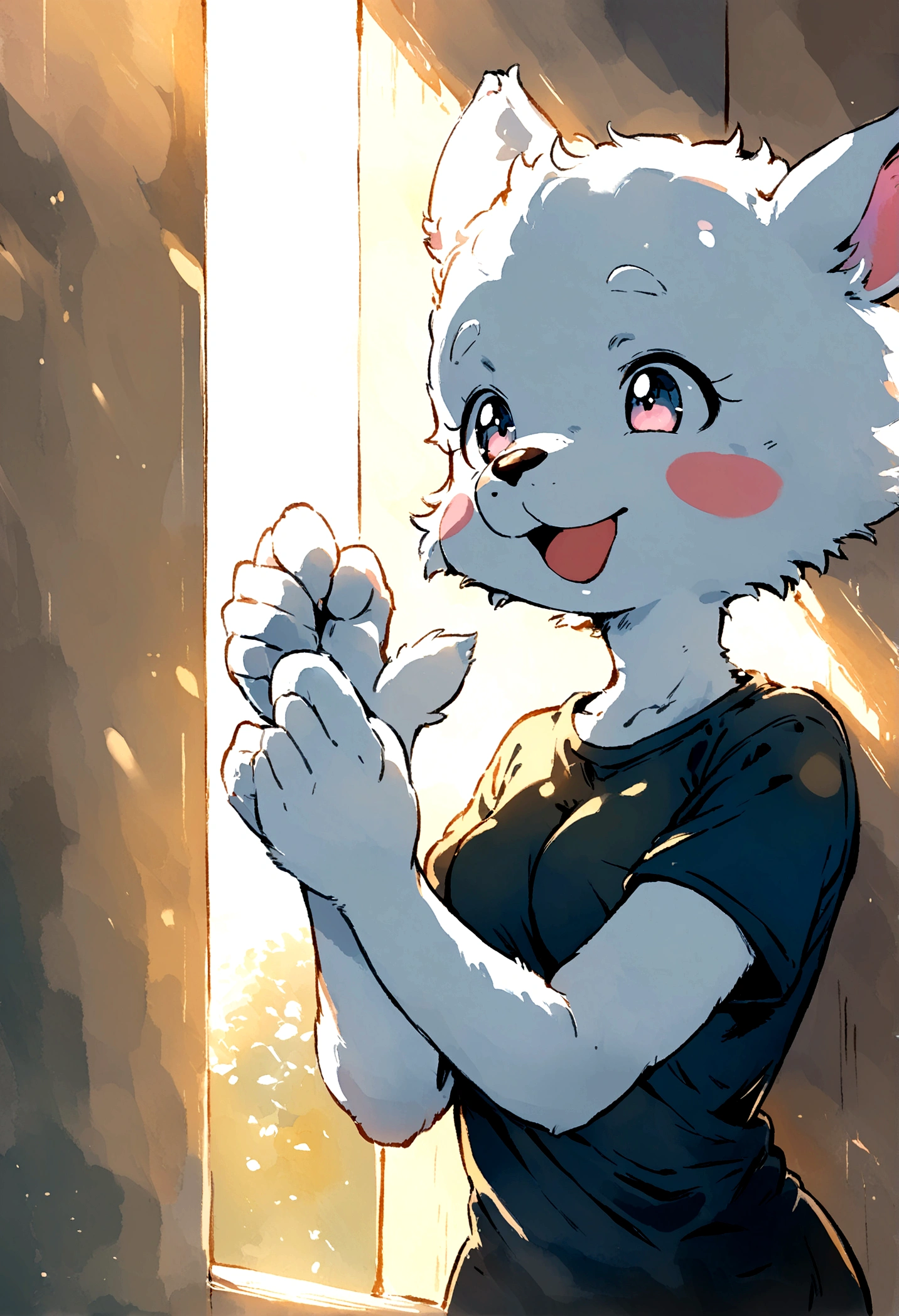 Female gender,furry, White skin, ultra cute face, elements in the skin, shiny t-shirt, Beautiful lights and shadows, ambient light, Ultra detailed skin, volumetric light,in watercolor style, illustration,cheered up