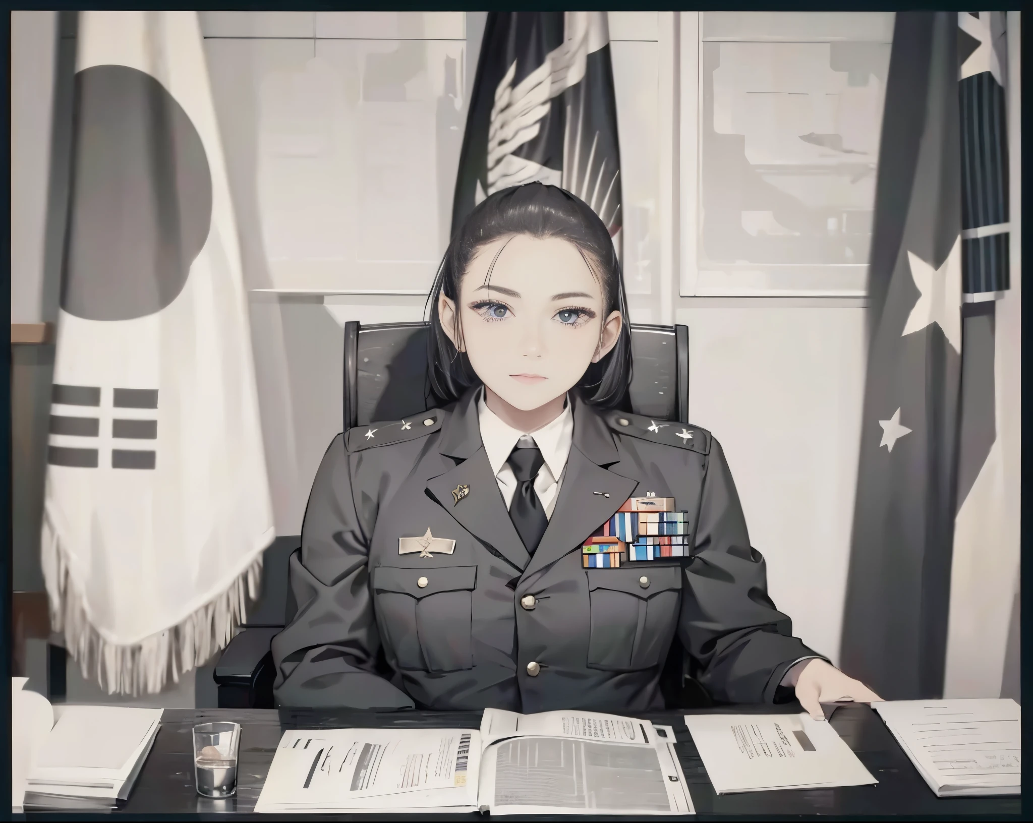 military uniform, korean flag, sitting