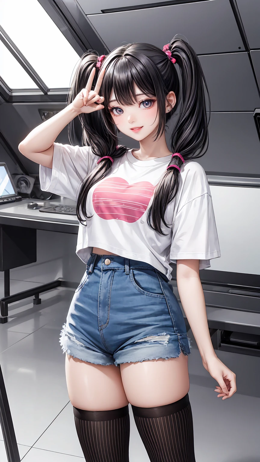 1girl,low twintails,Trim T-shirt,short shorts,striped thigh-high socks,thick things,punk BREAK
peace sign,from above,standing BREAK
masterpiece,best quality,absurdres,very aesthetic BREAK