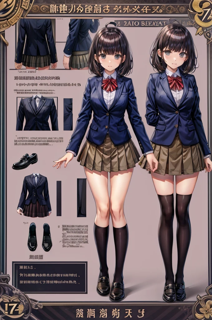 girl, alone, whole body, From head to toe, Are standing, (Huge_chest:1.3), Character design sheet, Character Reference Sheet, 設計図のSchematic, Drafting, Blueprint, Schematic, ((Character design sheet:1.7, Character Reference Sheet:1.7,)), anime/cartoon character wearing a girls , 1girl, alone, Thigh-high socks, blazer burezaa (blazer), Ahoge, Long Hair, bow, , shoes, loafers, ribbon, (Very short skirt:1.6), , (good:1.5),