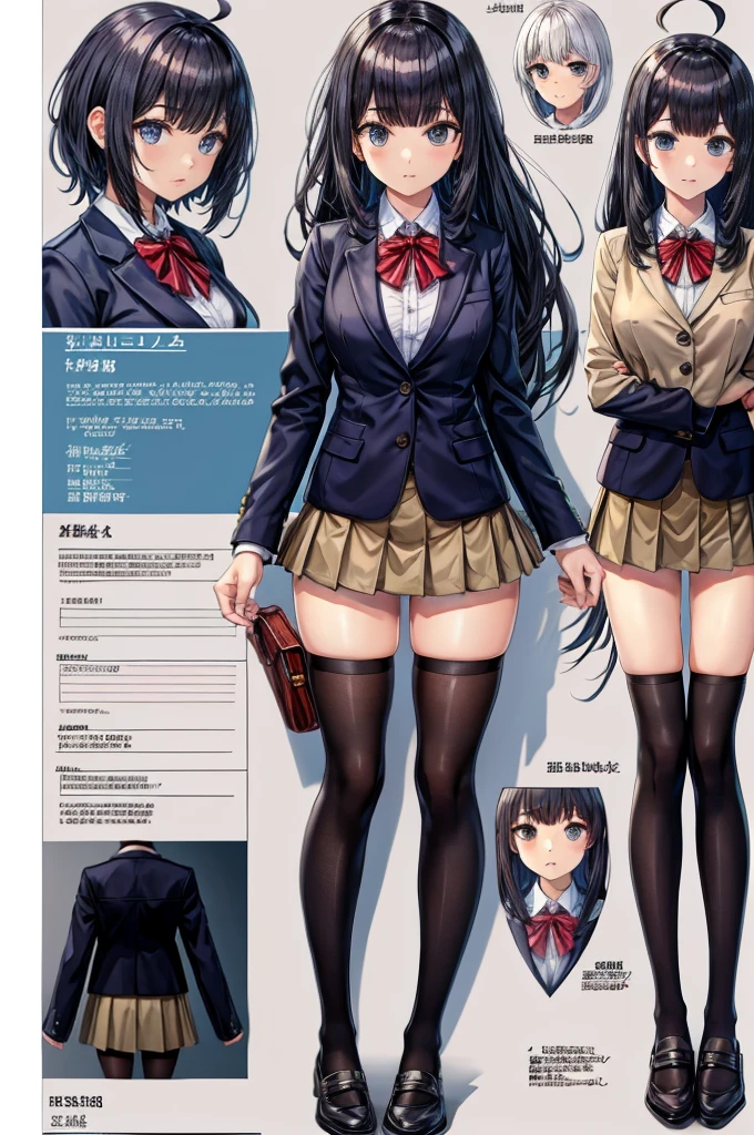 girl, alone, whole body, From head to toe, Are standing, (Huge_chest:1.3), Character design sheet, Character Reference Sheet, 設計図のSchematic, Drafting, Blueprint, Schematic, ((Character design sheet:1.7, Character Reference Sheet:1.7,)), anime/cartoon character wearing a girls , 1girl, alone, Thigh-high socks, blazer burezaa (blazer), Ahoge, Long Hair, bow, , shoes, loafers, ribbon, (Very short skirt:1.6), , (good:1.5),