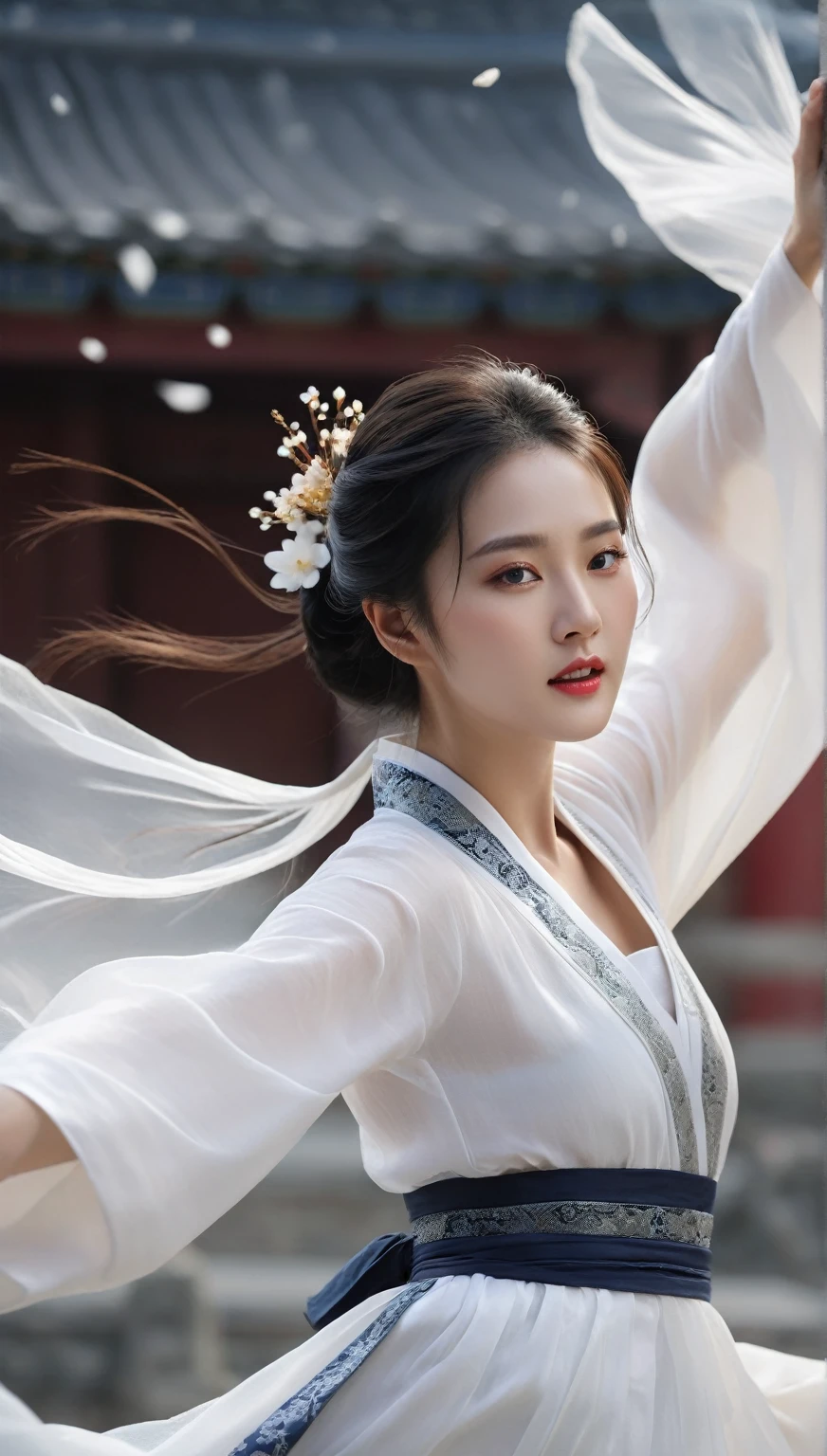 beautiful Korean woman, (((Mikamaria))), (motion blur:1.3), abnormally stunning beautiful face, black and white close-up,woman in intricate pure white hanbok dress, Flying in the air like a Chinese movie ,spinning frantically, translucent tingling air particles on dress hem,in ancient china, professional fashion photography,UHD, 4k, 8k