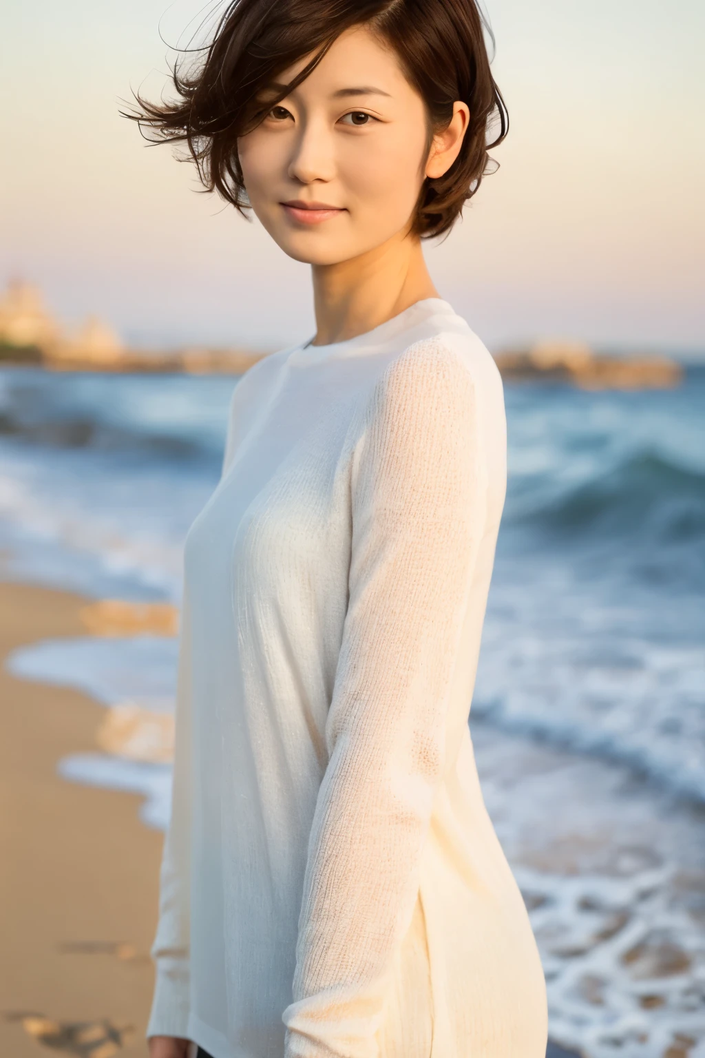 Top quality, realistic, perfect human body structure, very detailed, very delicate and beautiful, RAW photography, beach, professional lighting, luminescence, depth of field, single focal, full body, Skinny Japanese lady, 30 year old lady, brown hair, small head, beautiful eyes, real face, realistic skin, detailed eyes, (fashionable hairstyle: 1.3), sexy pose, absurderes, Incredibly Ridiculous res, Extremely fine, Blouse