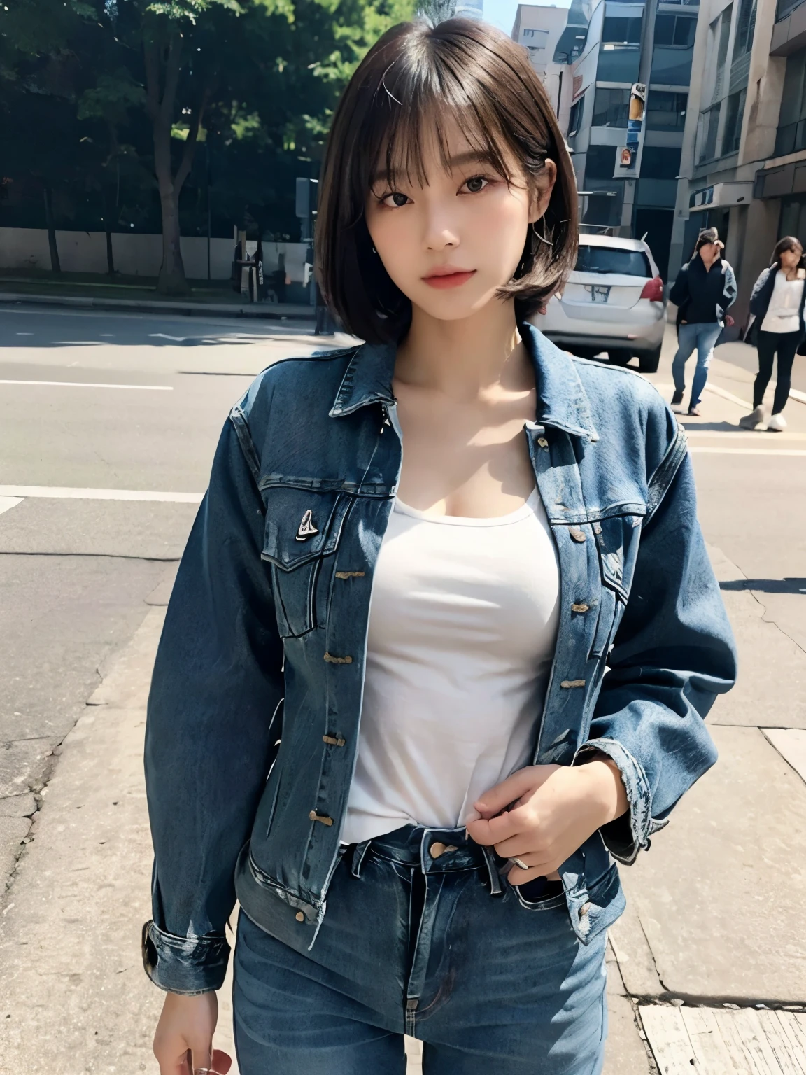 Photo-realistic, high resolution, Detailed background, Delicate and beautiful skin, Delicate nose, Soft lighting, (Single Shooter:1.23), (Upper Body:1.1), Close-up shot, (Breast focus:1.3), Looking at the audience, (((Good Hand, Perfect hands))), Clear eyes,// Japanese ladies,cleveage, Pale skin, , 20 yrs, //Bob Cut, (((wearing a jeans jackets))) ,//Street Photography, ((For the audience)), on the street, ((permanent)),