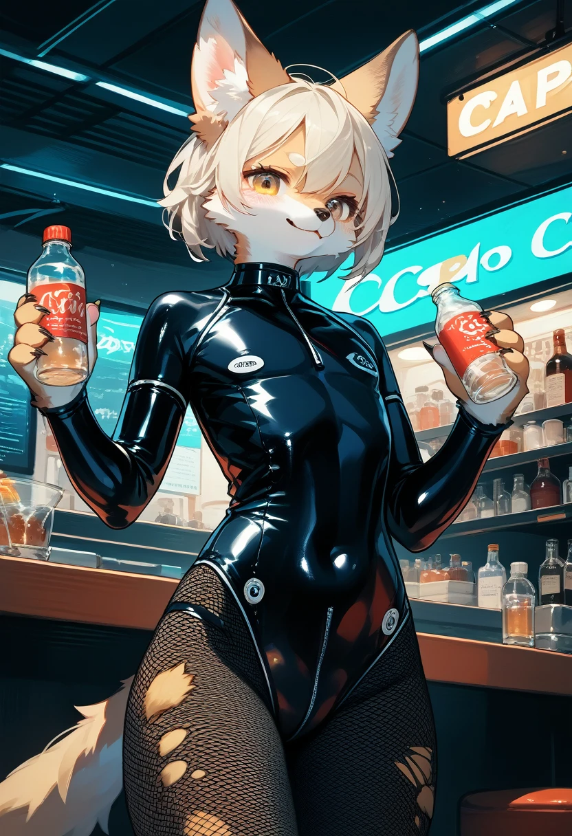 Highest quality, Highest quality, High quality illustrations, masterpiece, Ultra-high resolution, Detailed Background, cyber cafe, Bottle, Absurd, Perfect Anatomy, performance, Good lighting, Shadows in the movies(kemono, Furry Personification), Rubber suit, Rubber suit, latex, Fishnet tights, male