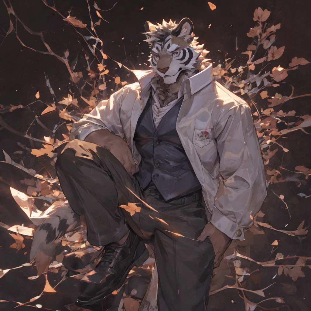 {{bara extremely handsome white tiger,}} {{white fur,}} white, wearing elegant ornate suit jacket, trousers, white dress shirt and necktie, white fluffy furry body and limbs, loafers, very tall, very broad shoulders, narrow waist, muscular arms, massive pecs, purple eyes, very long legs, massive bulge, sophisticated hot look, 3/4 view, best quality, high detail, CG image, character splash art, silver earring on left ear, sultry smirk