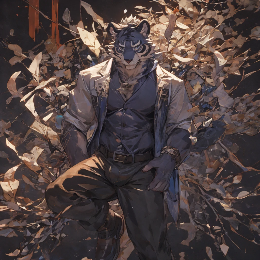 {{bara extremely handsome white tiger,}} {{white fur,}} white, wearing elegant ornate suit jacket, trousers, white dress shirt and necktie, white fluffy furry body and limbs, loafers, very tall, very broad shoulders, narrow waist, muscular arms, massive pecs, purple eyes, very long legs, massive bulge, sophisticated hot look, 3/4 view, best quality, high detail, CG image, character splash art, silver earring on left ear, sultry smirk