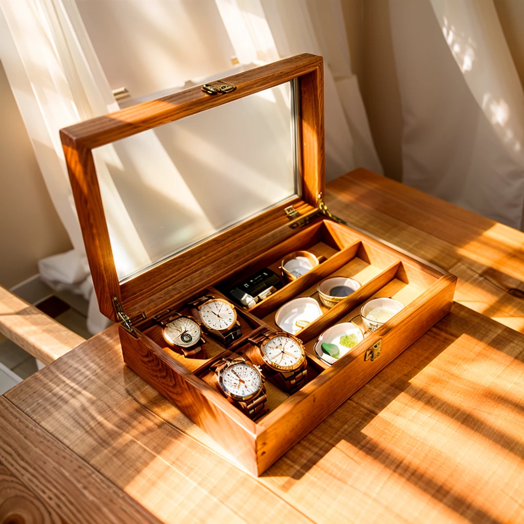 In this cozy room,A ray of sunlight shone through the half-drawn curtains on the table,Let the wood grain on the watch storage box shine with a faint luster。There was a calm and peaceful atmosphere in the air around them。There are several still lifes hanging on the walls of the room,It adds a touch of elegance to the space。And on the other side of the room,The half-open window lets in the breeze,The pages on the small desk by the window turned in the wind,This quiet scene gives a sense of tranquility and comfort。