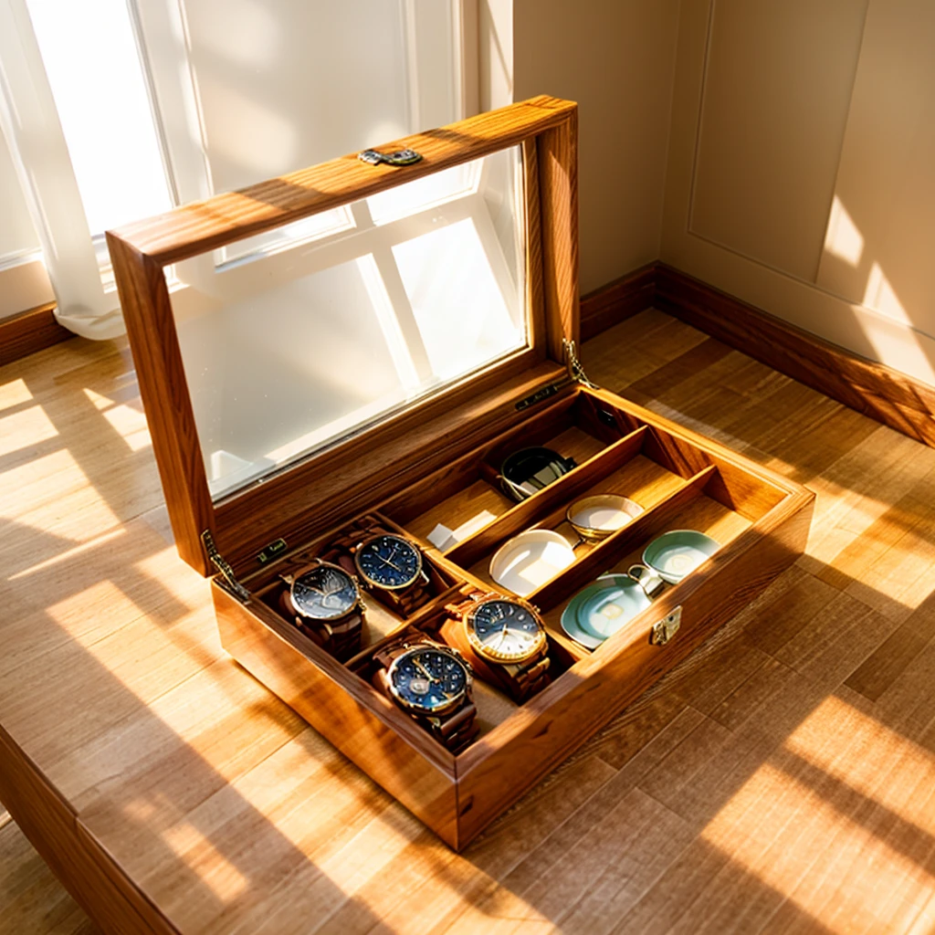 In this cozy room,A ray of sunlight shone through the half-drawn curtains on the table,Let the wood grain on the watch storage box shine with a faint luster。There was a calm and peaceful atmosphere in the air around them。There are several still lifes hanging on the walls of the room,It adds a touch of elegance to the space。And on the other side of the room,The half-open window lets in the breeze,The pages on the small desk by the window turned in the wind,This quiet scene gives a sense of tranquility and comfort。
