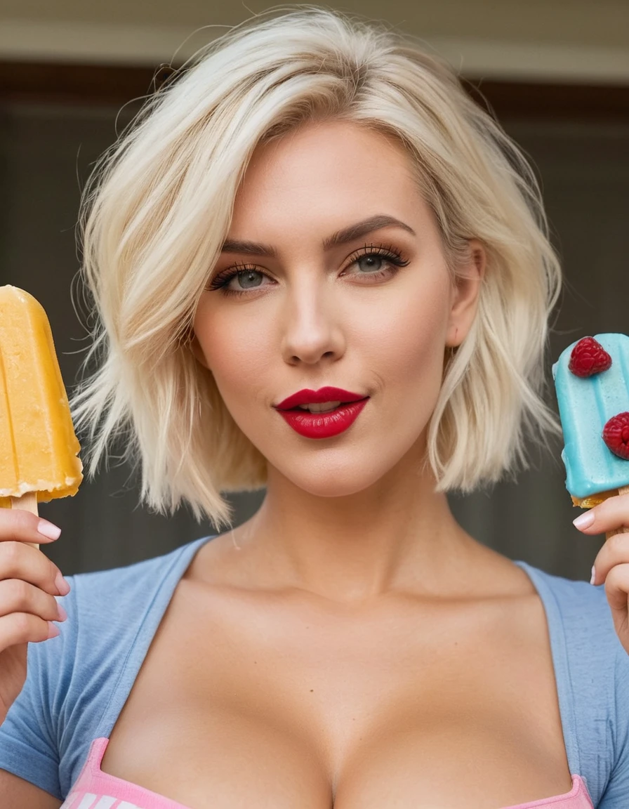 a beautiful blonde girl giving a blowjob to a popsicle, giving oral sex to a popsicle, (messy bob hairstyle, white blond hair color), messy hairstyle, messy bob, messy hairstyle, white blond, 5 foot 3 inches tall, 110 pounds in weight, 34G breasts, large firm round breasts, very large breasts, cleavage, photorealistic, 4K, 8K, UHD