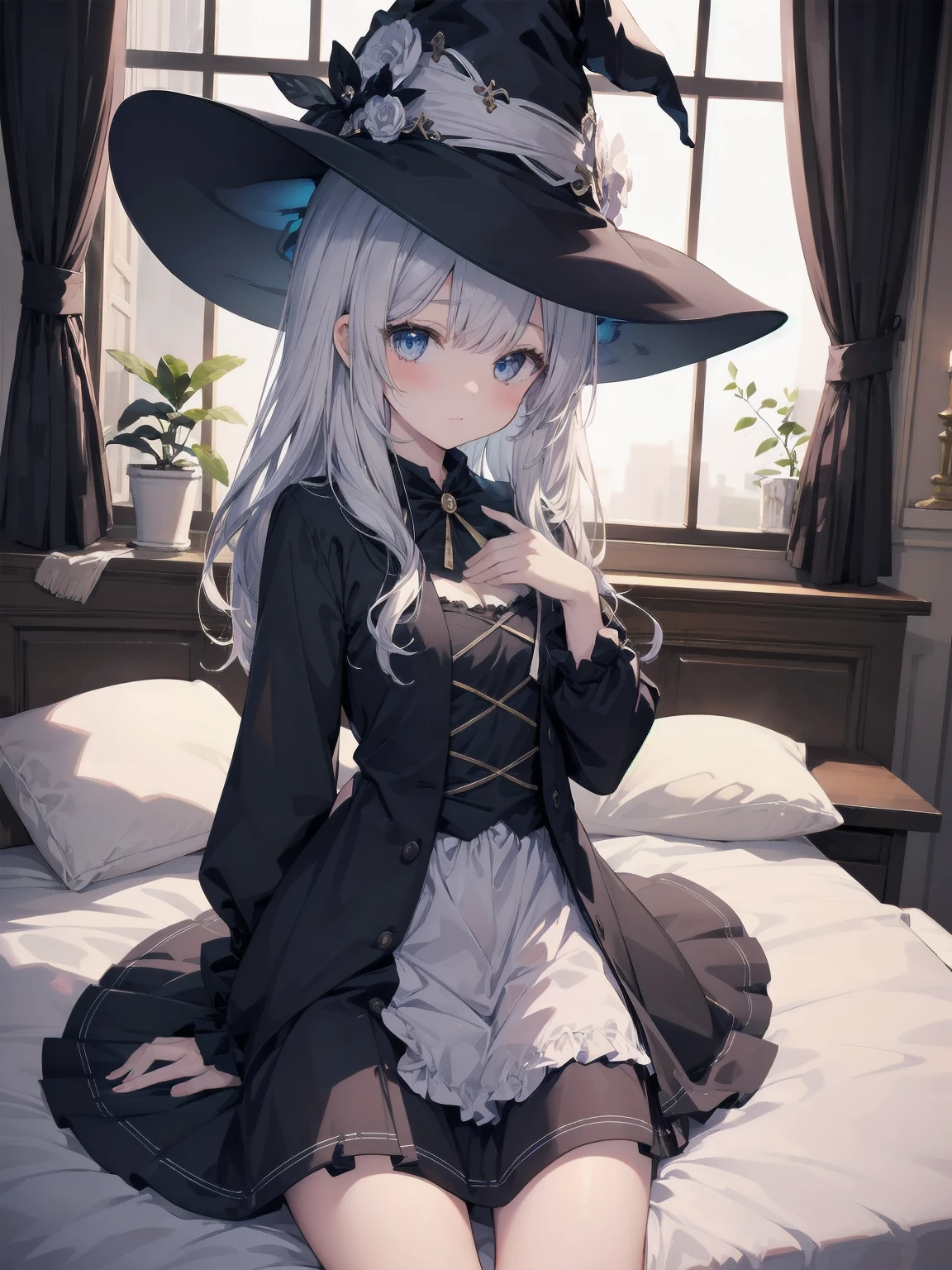 masterpiece, illustration, super detailed, kawaii, one girl, solo, witch in super cute pose, bed room, cowgirl shot ,sfw, Dynamic angle