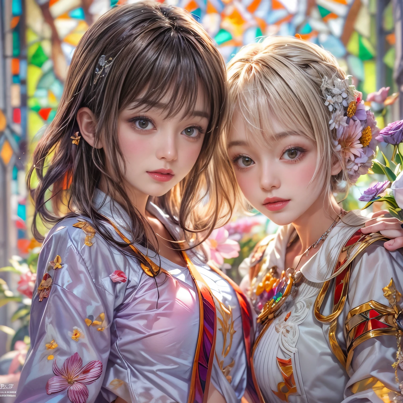 (NSFW:-0.98) . White and Red, (Dazzling colorful light pours down:1.2), (Ultra-detailed1.35), (Masterpiece:1.2) of professional photo with Hasselblad, (((Realistic and Photorealistic with touch of rawness:1.37))), (((Acutance:0.85), { from below | from side } )) . ((A group photo of many KAWAII girls in (school uniform)) with visible Overflowing Cleavage) and Navel without bra . (((Extremely detailed KAWAII face variations)) with joyful expressions), { Detailed natural eyes with sparkling highlights and long eyelashes | Rosy cheeks | Navel | (pretty Ass) | (Overflowing underboob) | Oiled ivory skin Details | White panties with (blood seeping only in crotch area) | ((full of Flowers covering girl's body:1.15)) | (((Dazzling colorful stained glass with stunning elaborate details:1.2))) | Mystic sight | A Halo ling in the air | God rays | Haze | Lens flare | Luminescent particles | Kissing face to face } . Ultra-detailed, (Exposed:0.8), (((Nipple:-0.9))) .