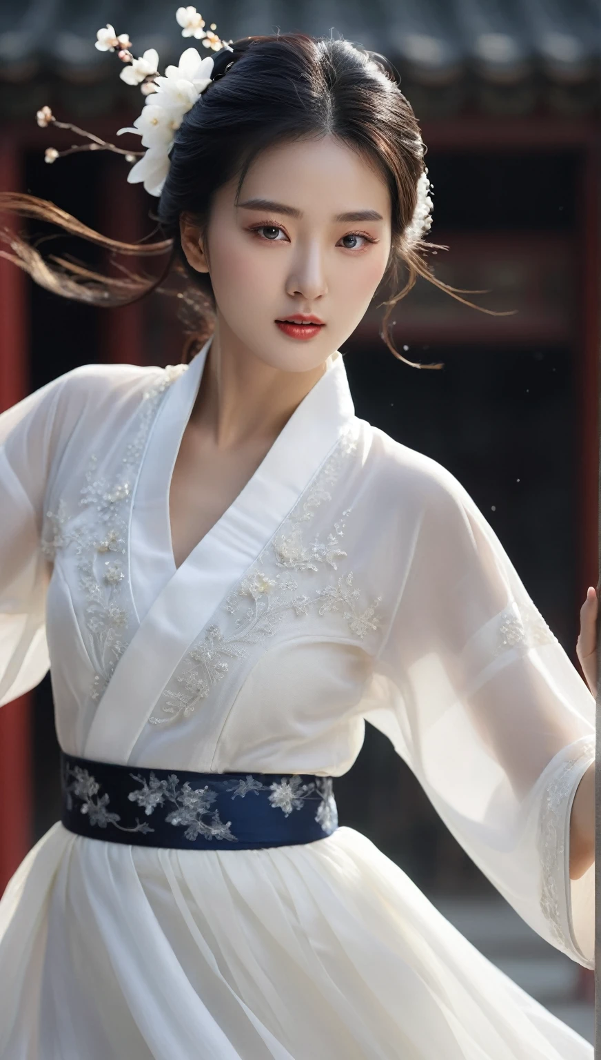 beautiful Korean woman, (((Mikamaria))), (motion blur:1.3), abnormally stunning beautiful face, black and white close-up,woman in intricate pure white hanbok dress, Flying in the air like a Chinese movie ,spinning frantically, translucent tingling air particles on dress hem, in ancient china, professional fashion photography,UHD, 4k, 8k