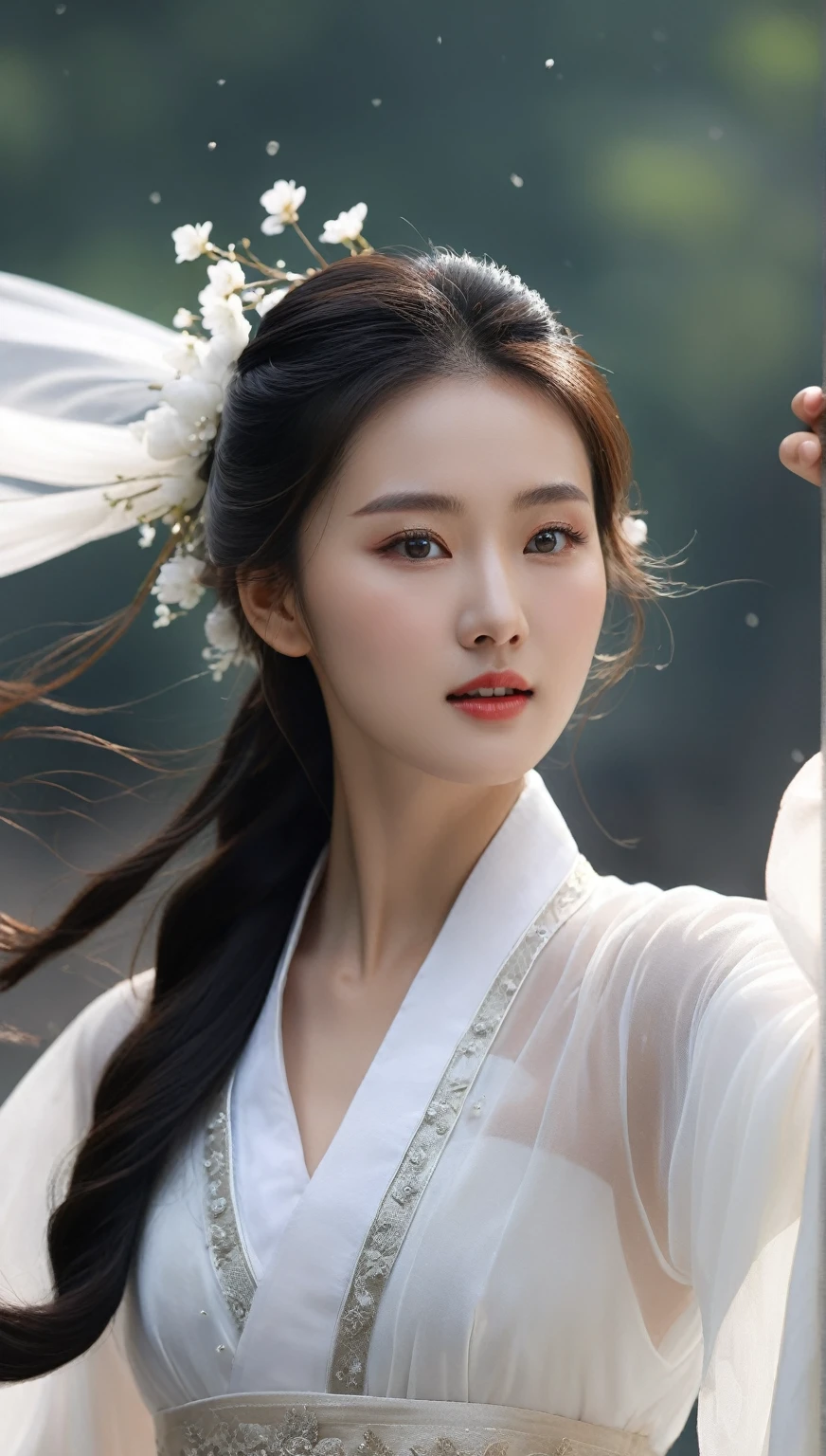 beautiful Korean woman, (((Mikamaria))), (motion blur:1.3), abnormally stunning beautiful face, black and white close-up,woman in intricate pure white hanbok dress, Flying in the air like a Chinese movie ,spinning frantically, translucent tingling air particles on dress hem, in ancient china, professional fashion photography,UHD, 4k, 8k