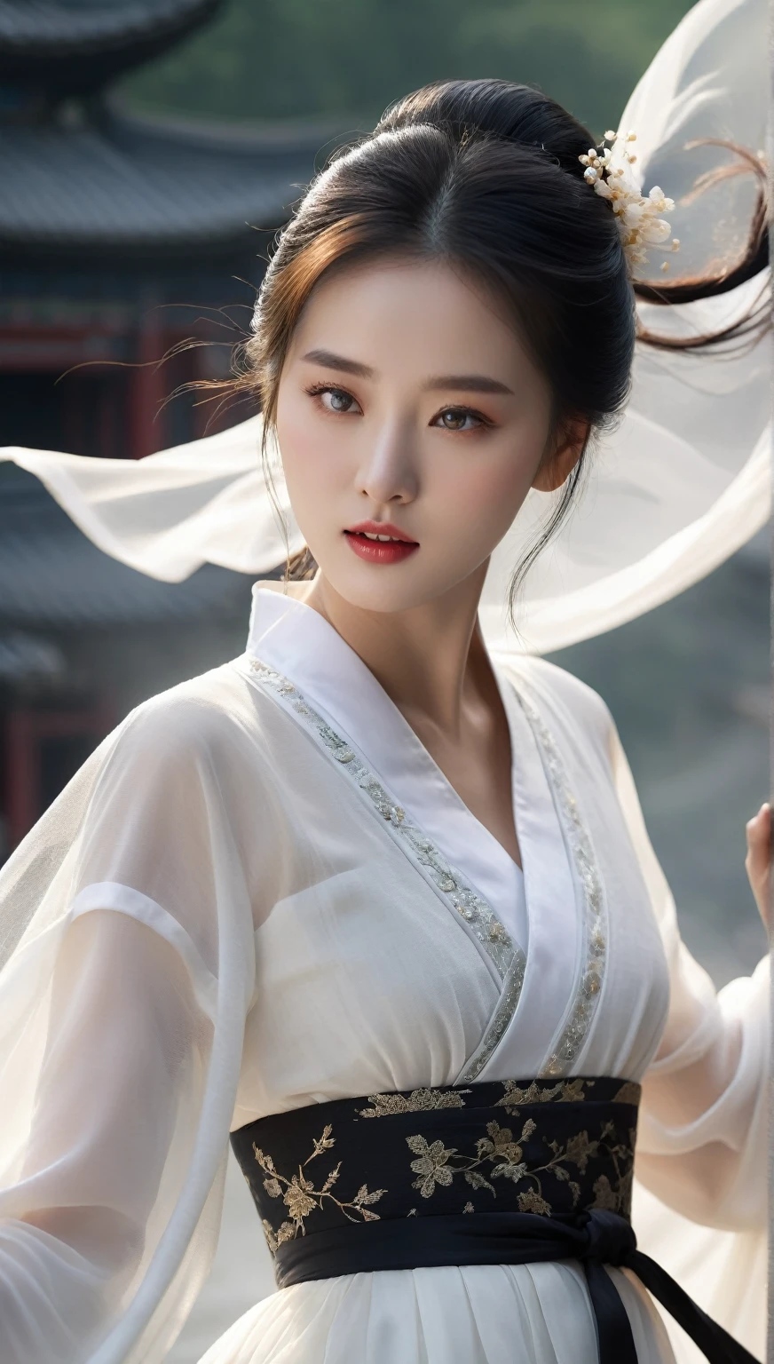 beautiful Korean woman, (((Mikamaria))), (motion blur:1.3), abnormally stunning beautiful face, black and white close-up,woman in intricate pure white hanbok dress, Flying in the air like a Chinese movie ,spinning frantically, translucent tingling air particles on dress hem, in ancient china, professional fashion photography,UHD, 4k, 8k