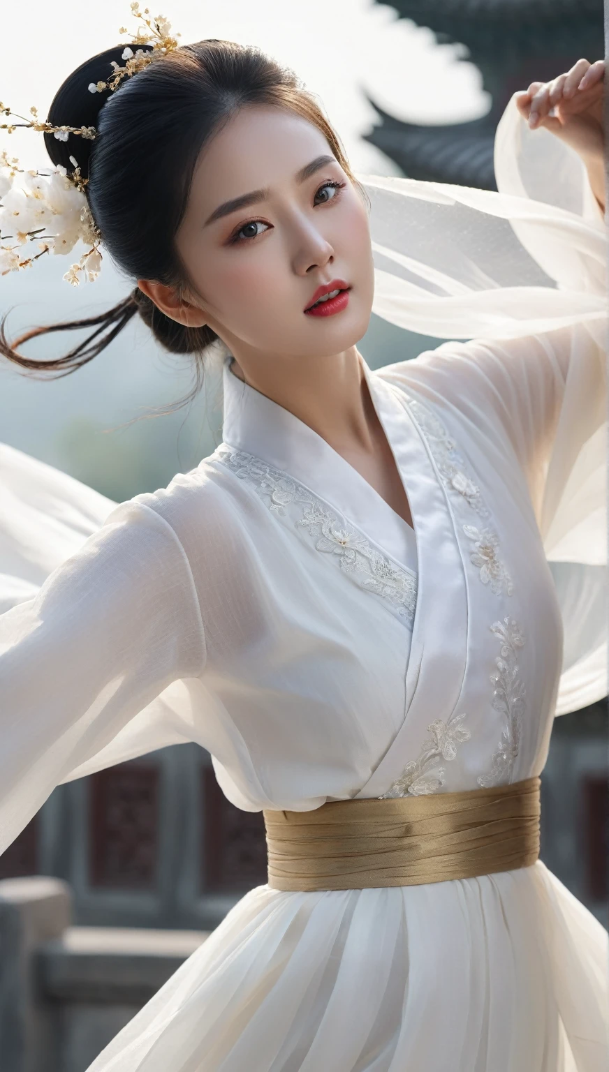 beautiful Korean woman, (((Mikamaria))), (motion blur:1.3), abnormally stunning beautiful face, black and white close-up,woman in intricate pure white hanbok dress, Flying in the air like a Chinese movie ,spinning frantically, translucent tingling air particles on dress hem, in ancient china, professional fashion photography,UHD, 4k, 8k