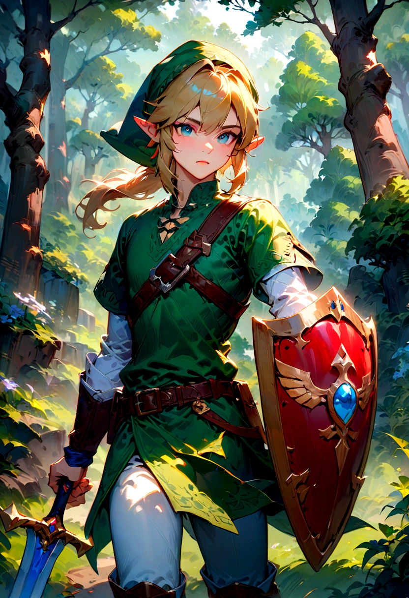 1boy, Link, The Legend of Zelda, Generate a high-fidelity, detail-oriented closeup of Link from the Legend of Zelda holding a sword and shield. The setting is a forest background, with elements such as trees and shrubs subtly included in the background. The image should mimic the texture and depth of an oil painting, expressing the character's confident nature yet also its beauty in a poignant and compelling way, influenced by the art of Lou Xaz, masterpiece, best quality, very aesthetic, absurdres