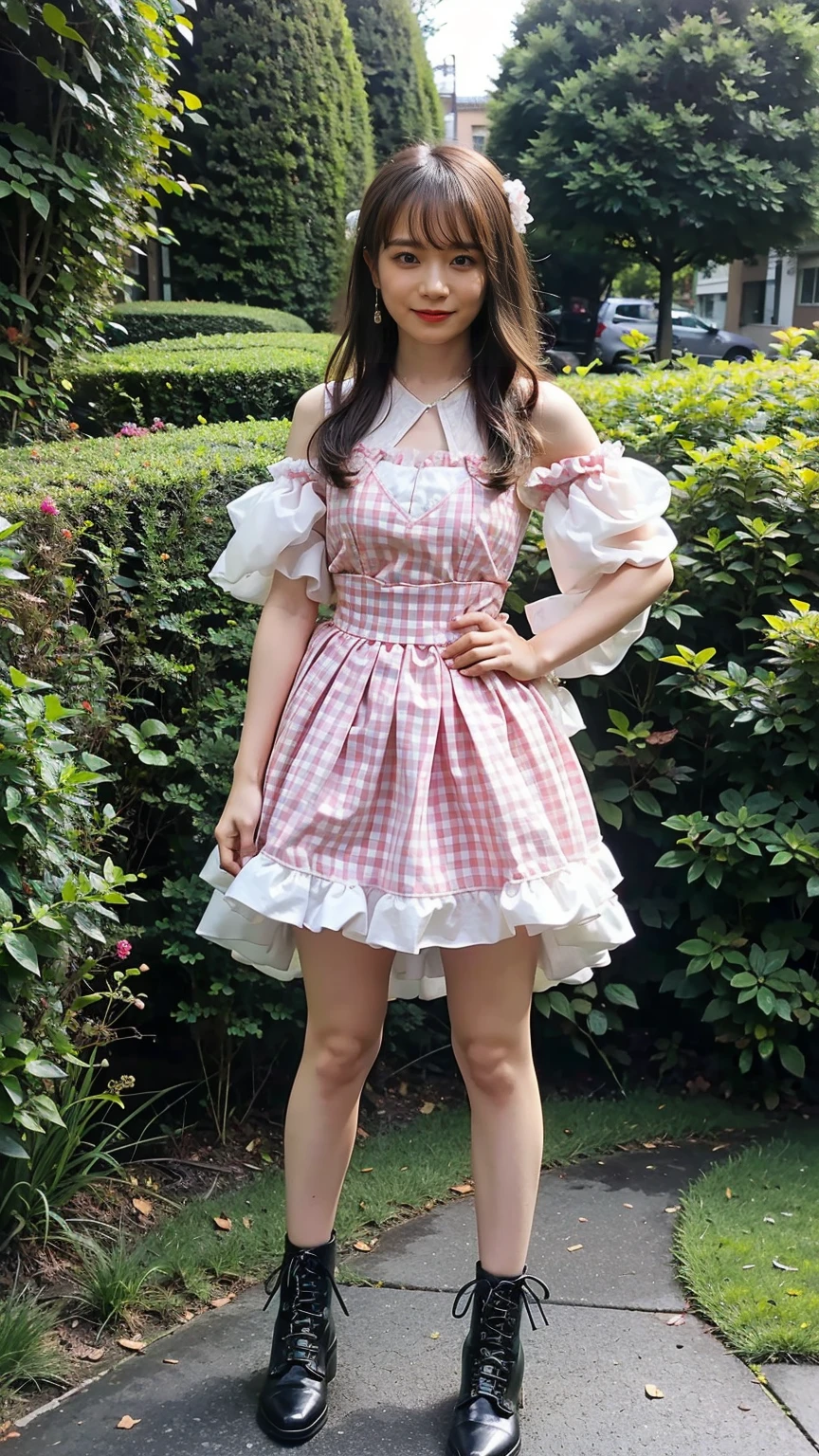(8K、RAW Photos、Highest quality、masterpiece:1.2)、(Highest quality、Realistic)、1 Girl、((Frills、See-through、Off the shoulder、tights、pink and black mini skirt、Thin legs、whole body、boots、garden、View from the front、Looking into the camera、Ribbon Idol Costume、、Stand with hands on hips))、cute