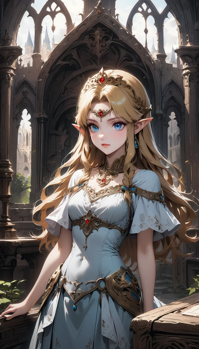 1girl, princess zelda, the legend of zelda, video game character, highly detailed, beautiful face, elegant dress, long blonde hair, blue eyes, detailed jewelry, crown, fantasy medieval setting, castle interior, ornate architecture, sunlight streaming through windows, magical energy aura, dramatic lighting, cinematic composition, muted color palette, ethereal, breathtaking, masterpiece