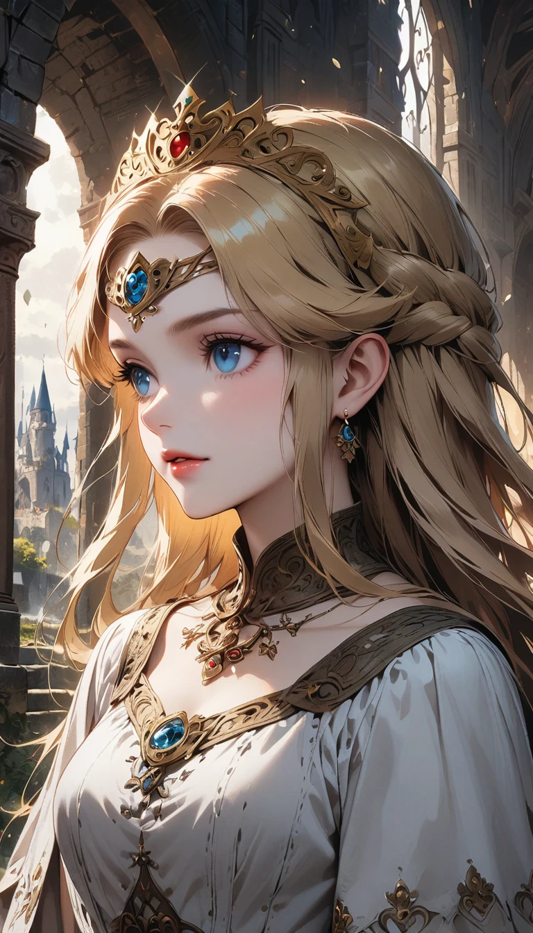 1girl, princess zelda, the legend of zelda, video game character, highly detailed, beautiful face, elegant dress, long blonde hair, blue eyes, detailed jewelry, crown, fantasy medieval setting, castle interior, ornate architecture, sunlight streaming through windows, magical energy aura, dramatic lighting, cinematic composition, muted color palette, ethereal, breathtaking, masterpiece