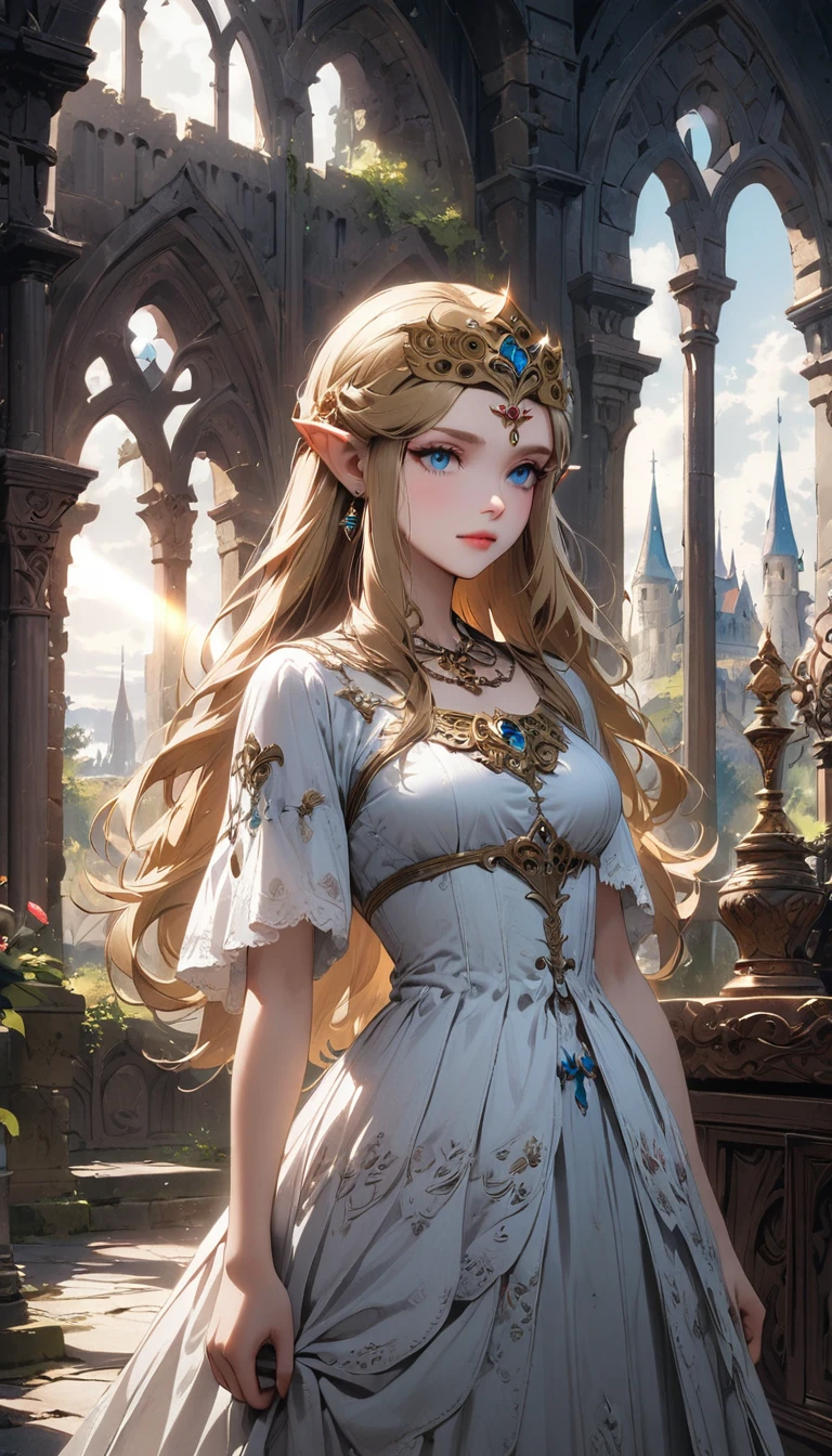 1girl, princess zelda, the legend of zelda, video game character, highly detailed, beautiful face, elegant dress, long blonde hair, blue eyes, detailed jewelry, crown, fantasy medieval setting, castle interior, ornate architecture, sunlight streaming through windows, magical energy aura, dramatic lighting, cinematic composition, muted color palette, ethereal, breathtaking, masterpiece