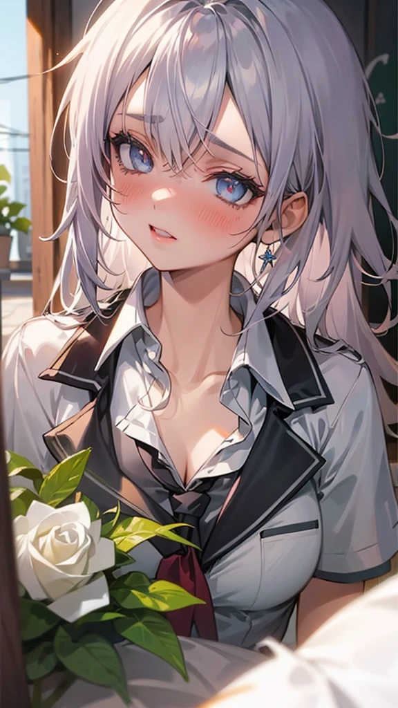 (Best Quality, 8k, High Definition, High Definition, Graphic:2.0), (Solo, One Girl:2.0), (Shot with Flash:1.9), (Brighten Subject:1.8), (Ultimate Beautiful Girl:2.0), (Glossy Skin), (Oily Skin), (Silver Hair Girl:1.5), (Long Hairstyles:1.5) (one aphtha hair on the top of her hair, red braid stop on the right side)(Cool Beauty:2. 0),(blush brown makeup , dark eye makeup , pink gloss lip),(patchy eyes:1.5),(blue eyes),(thin eyes:1.5),(child face),(cute),(sweet scent),(in front of flower shop (photo:1.8),(girl holding a white rose in front of flower shop:1. 3),(she blushes very shyly),chuuChloe,(wearing a school uniform:1.5),(emphasis on cleavage)