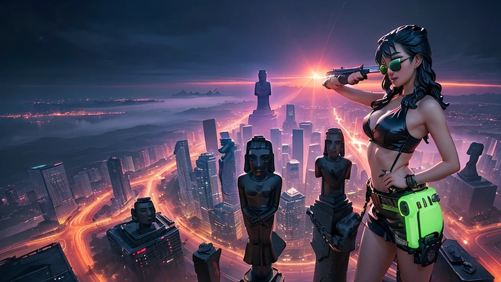 At night, dark sky, aerial view of fantasy cyberpunk style ((Moai-statue)) city, ((flying vehicle)). ((1girl, solo, alone)), photo realistic, medium-breast:1.1 slim body, cleavage, sexy clothes, (black sunglasses), (((hip-up standing and pistol aiming pose))), half-body thigh level medium shot, cinematic lighting.