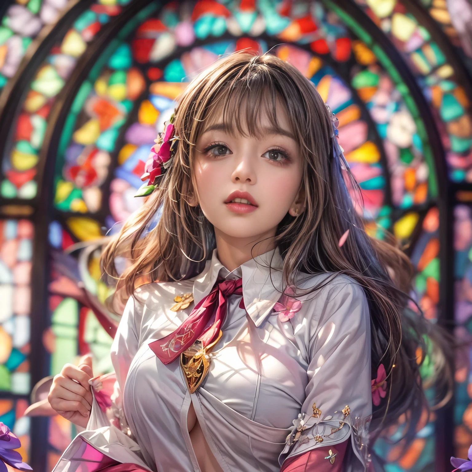(NSFW:-0.98) . White and Red, (Dazzling colorful light pours down:1.2), (Ultra-detailed1.35), (Masterpiece:1.2) of professional photo with Hasselblad, (((Realistic and Photorealistic with touch of rawness:1.37))), (((Acutance:0.85), { from below | from side } )) . ((A group photo of many KAWAII girls in (school uniform)) with visible Overflowing Cleavage) and Navel without bra . (((Extremely detailed KAWAII face variations)) with joyful expressions), { Detailed natural eyes with sparkling highlights and long eyelashes | Rosy cheeks | Navel | (pretty Ass) | (Overflowing underboob) | Oiled ivory skin Details | White panties with (blood seeping only in crotch area) | ((full of Flowers covering girl's body:1.15)) | (((Dazzling colorful stained glass with stunning elaborate details:1.2))) | Mystic sight | A Halo ling in the air | God rays | Haze | Lens flare | Luminescent particles | Kissing face to face } . Ultra-detailed, (Exposed:0.8), (((Nipple:-0.9))) .