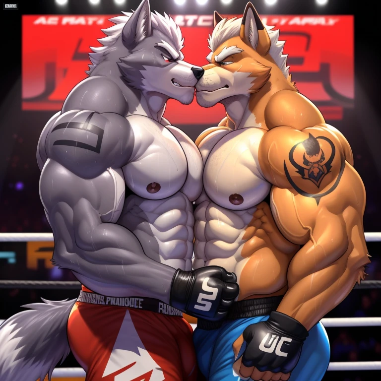 Duo male(Fox Mcloud vs Wolf O'donnell, handsomes, Thick eyebrows), gay(Stomped, embraced, cuddling, hot abs frottage, face to face, kissing each other, on a UFC match), hot(Shirtless), handsomes(They are handsomes, correct anatomy), musculosos(Big muscle bodies, Six packs, muscle abs, big pecs, muscle backs, muscle legs), sweaty(very sweaty wet bodies, shiny sweat), tatuajes(they have tattoos), Grumpy(Both have an grumpy expression, growling, grumpy teeths, steaming breath), UFC gloves(They both are wearing UFC gloves), UFC boxers(They both are wearing UFC boxers), Hight resolution, by(Zourik:1.1)