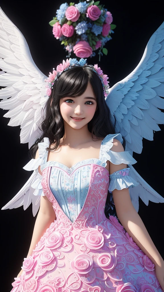 A beautiful teenage girl smiles sweetly in a bright pink, blue, and white swirled dress, decorated with intricate floral patterns and delicate gems, complete with angel wings. The background is dark black and the details are intricate., 30k, 3d, HDR, Exquisite clothing details, Highly detailed, perfect light, movie light