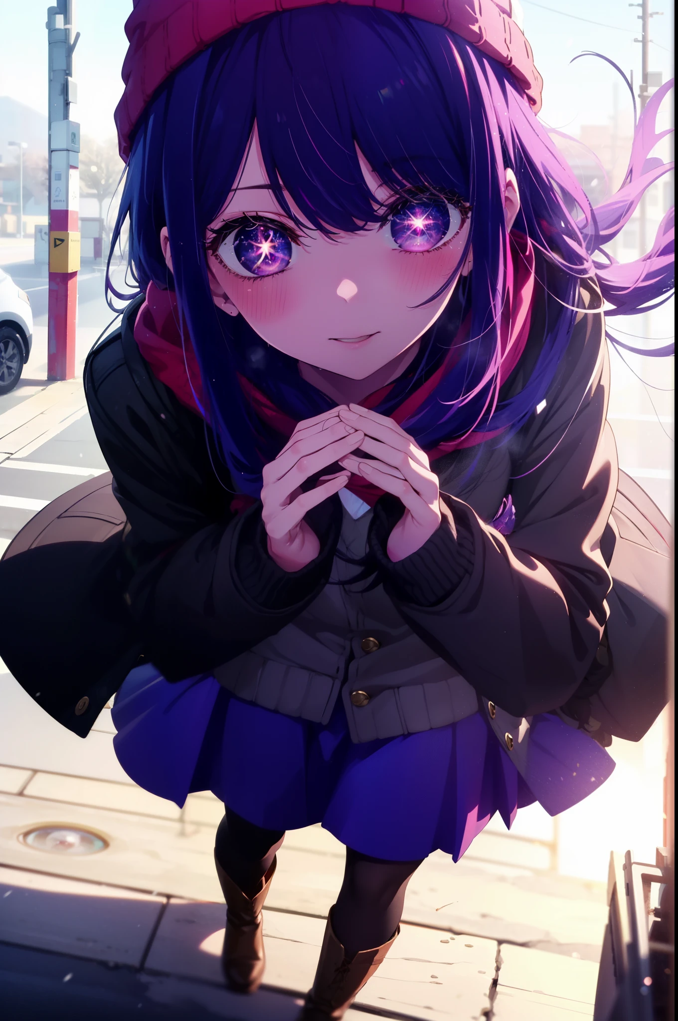 aihoshino, Ai Hoshino, Long Hair, bangs, (Purple eyes:1.1), Purple Hair, (Symbol-shaped pupil:1.5), smile,smile,blush,Open your mouth,Knitted hat,Black-rimmed glasses,Purple long coat,V-neck sweater,Long skirt,Black pantyhose,short boots,Red muffler,It's snowing,Snow is falling,Walking,whole bodyがイラストに入るように, evening,sunset,The sun is setting,
break outdoors, Snow Country,
break looking at viewer, whole body,
break (masterpiece:1.2), Highest quality, High resolution, unity 8k wallpaper, (figure:0.8), (Beautiful attention to detail:1.6), Highly detailed face, Perfect lighting, Highly detailed CG, (Perfect hands, Perfect Anatomy),