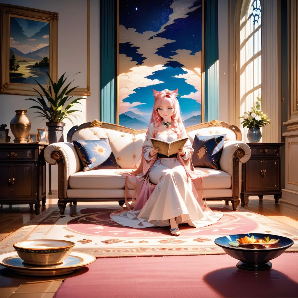score_9,score_8_up,score_7_up,masterpiece, top quality, best quality, official art, beautiful and aesthetic, animation, , living room, 1girl with cat ear and pink hair sitting on the carpet, holding a flat plate, showing the generated three-body galaxy map ,