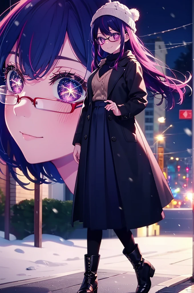 aihoshino, Ai Hoshino, Long Hair, bangs, (Purple eyes:1.1), Purple Hair, (Symbol-shaped pupil:1.5), smile,smile,blush,Open your mouth,Knitted hat,Black-rimmed glasses,Purple long coat,V-neck sweater,Long skirt,Black pantyhose,short boots,Red muffler,It&#39;s snowing,Snow is falling,Walking,whole bodyがイラストに入るように, evening,sunset,The sun is setting,
break outdoors, Snow Country,
break looking at viewer, whole body,
break (masterpiece:1.2), Highest quality, High resolution, unity 8k wallpaper, (figure:0.8), (Beautiful attention to detail:1.6), Highly detailed face, Perfect lighting, Highly detailed CG, (Perfect hands, Perfect Anatomy),