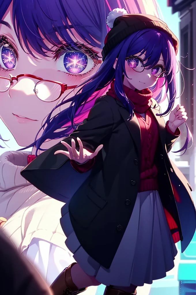 aihoshino, Ai Hoshino, Long Hair, bangs, (Purple eyes:1.1), Purple Hair, (Symbol-shaped pupil:1.5), smile,smile,blush,Open your mouth,Knitted hat,Black-rimmed glasses,Purple long coat,V-neck sweater,Long skirt,Black pantyhose,short boots,Red muffler,It's snowing,Snow is falling,Walking,whole bodyがイラストに入るように, evening,sunset,The sun is setting,
break outdoors, Snow Country,
break looking at viewer, whole body,
break (masterpiece:1.2), Highest quality, High resolution, unity 8k wallpaper, (figure:0.8), (Beautiful attention to detail:1.6), Highly detailed face, Perfect lighting, Highly detailed CG, (Perfect hands, Perfect Anatomy),