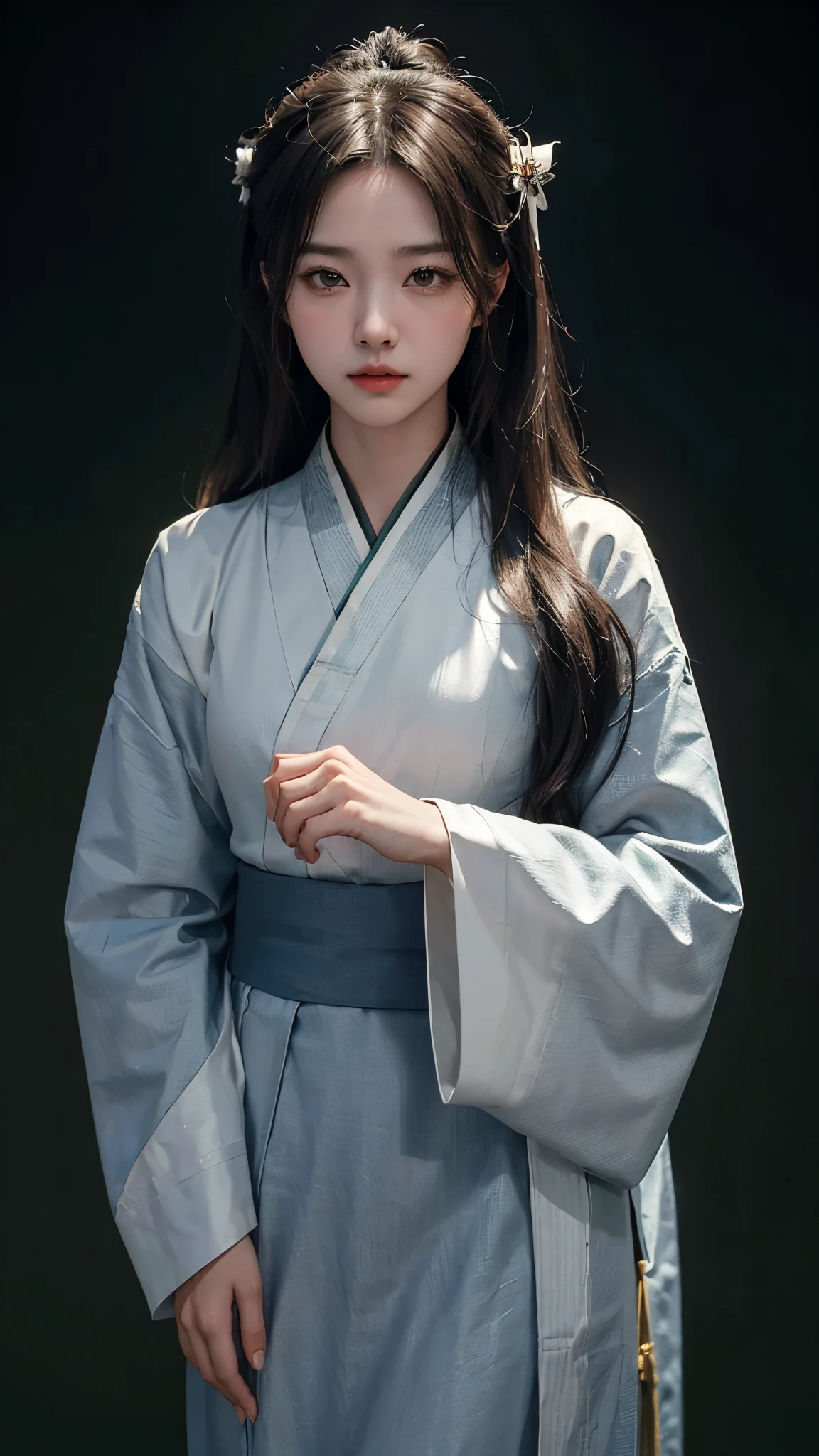 (Fidelity: 1.4), ((Black Hanfu)), Big Sleeves, Small Rings, Kan Tashi, Mole Under Eyes, Denim Lens, Bokeh, Perspective Shortening, Negative Space, Chiaroscuro, Depth of Field, Ray Tracing, Masterpiece, Anatomically Correct, Textured Skin, Best Quality, 8K, Ultra HD, Ccurate
