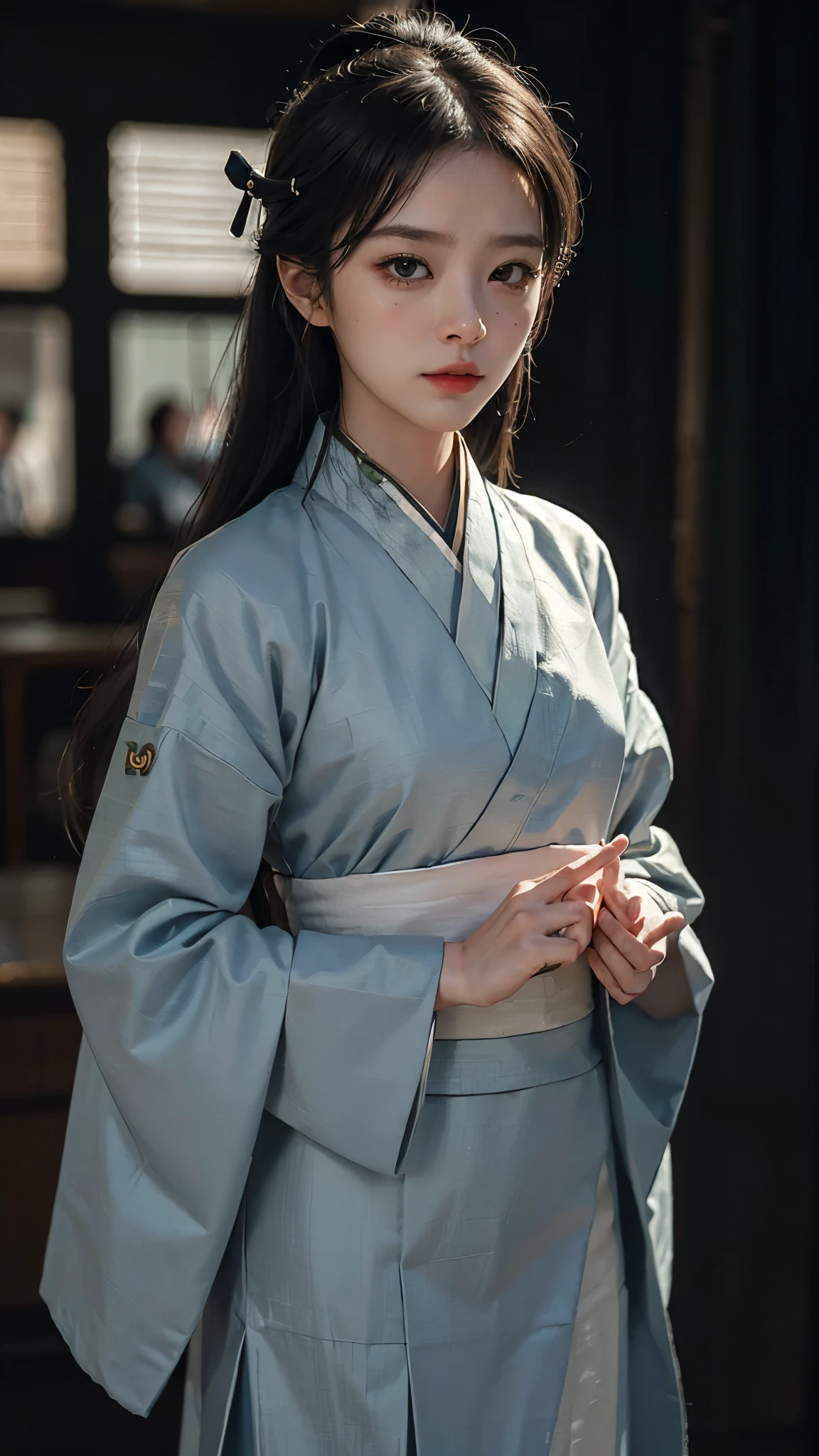 (Fidelity: 1.4), ((Black Hanfu)), Big Sleeves, Small Rings, Kan Tashi, Mole Under Eyes, Denim Lens, Bokeh, Perspective Shortening, Negative Space, Chiaroscuro, Depth of Field, Ray Tracing, Masterpiece, Anatomically Correct, Textured Skin, Best Quality, 8K, Ultra HD, Ccurate