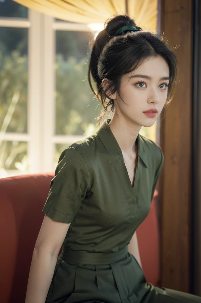 (((best quality))),(((ultra detailed))),(((masterpiece))),illustration,((1 beautiful young girl,female soldier,solo)),(short black ponytail:1.3),((slim,thin)),((small breasts,flat chest)),determined,professional,demeanor,(light green collared short-sleeved shirt:1.3),(dark green trousers:1.3),military,affiliation,background,military conference room,walls,maps,battlefields,strategic points,markings,(large red flag),nation's unity,strength,seriousness,planning,important discussion,rigid posture,focused expression,confidence,respectability,bright intense eyes,analyzing situation,contribute thoughts,ideas,charm,powerful,intense atmosphere,freezes moment in time,essence,striking appearance,(night scene:1.2),((from front,upper body))
