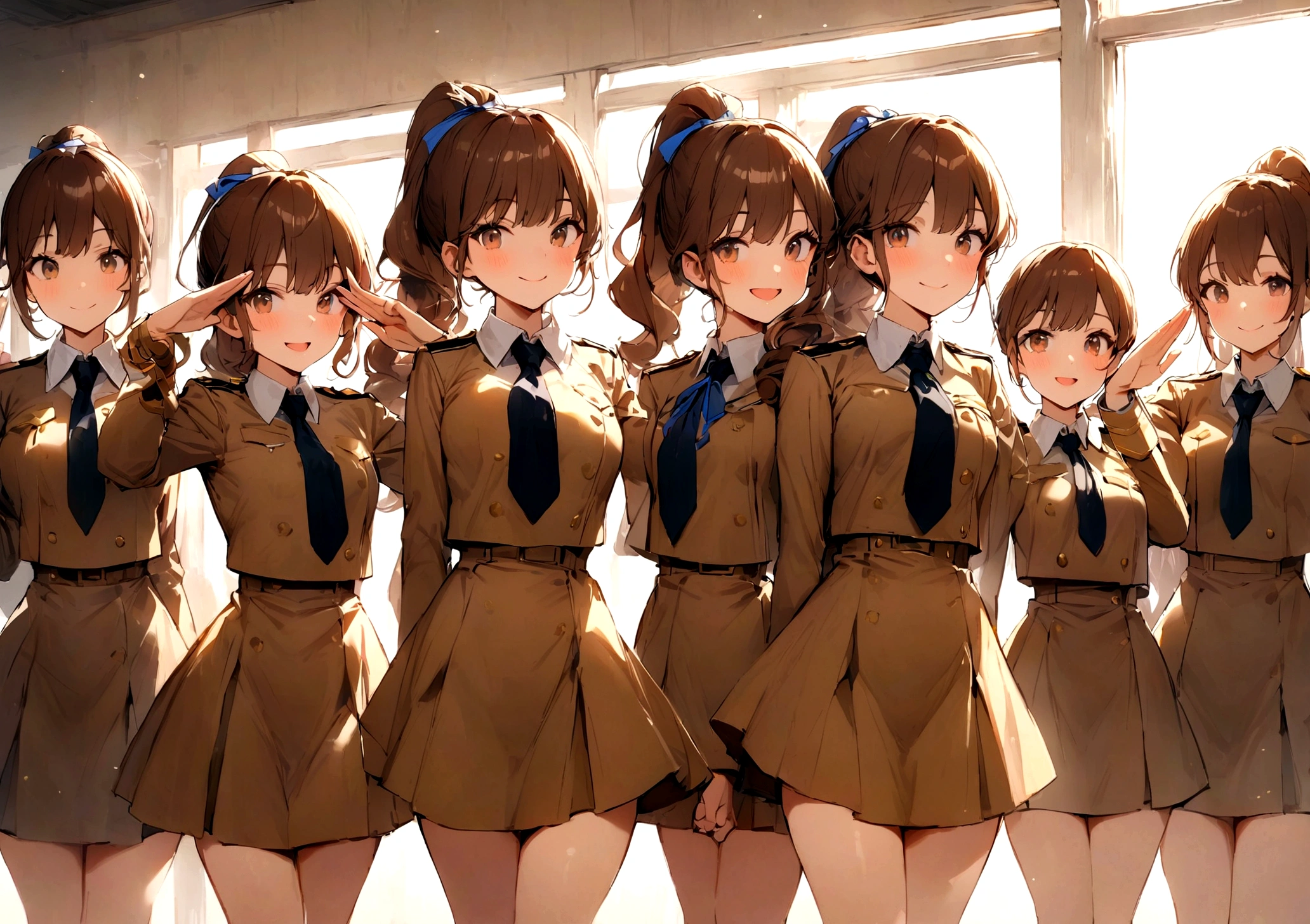 masterpiece, Highest quality, High resolution, 10+girl, crowd, Identical twin sisters, clone, An orderly line of sisters, An orderly line of sisters, Sisters in a row, uniform, Matching outfits, Long Hair, Curly Hair, ponytail, Matching hairstyle, Hazel Eyes, Brown Hair, Black tie, Blue Ribbon, Brown Skirt, salute, smile, indoor, Group shot, whole body, Panty shot, Black high heels