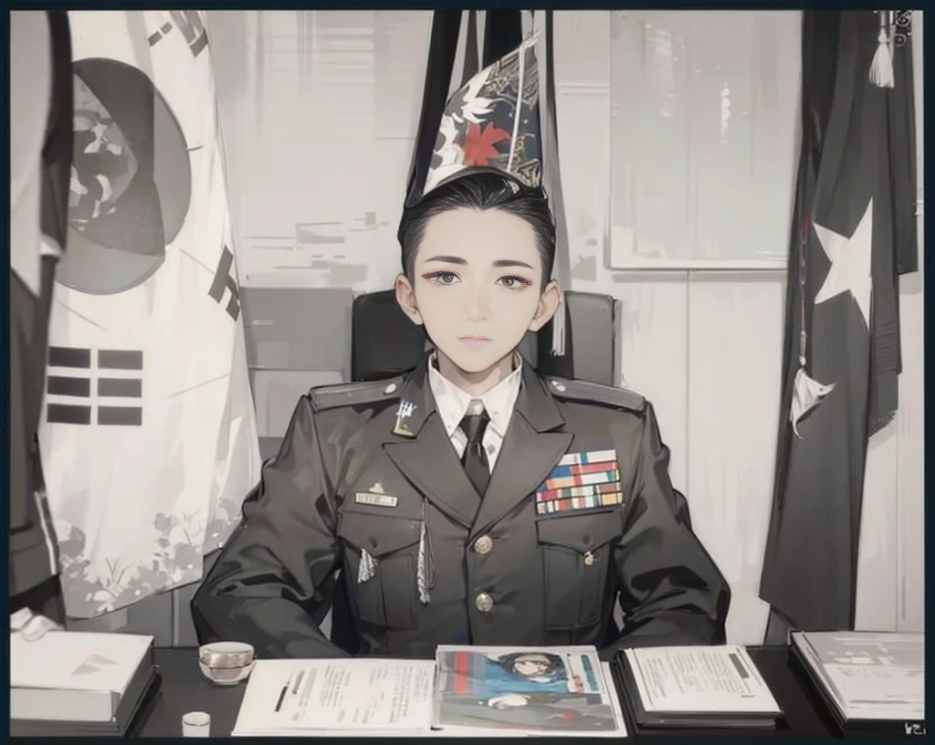 military uniform, korean flag, sitting, young man