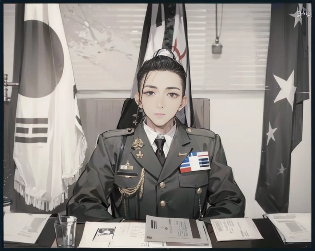 military uniform, korean flag, sitting, young man