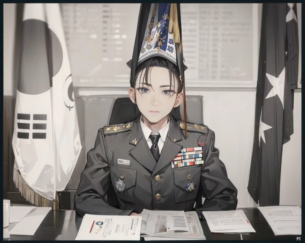 military uniform, korean flag, sitting, young man