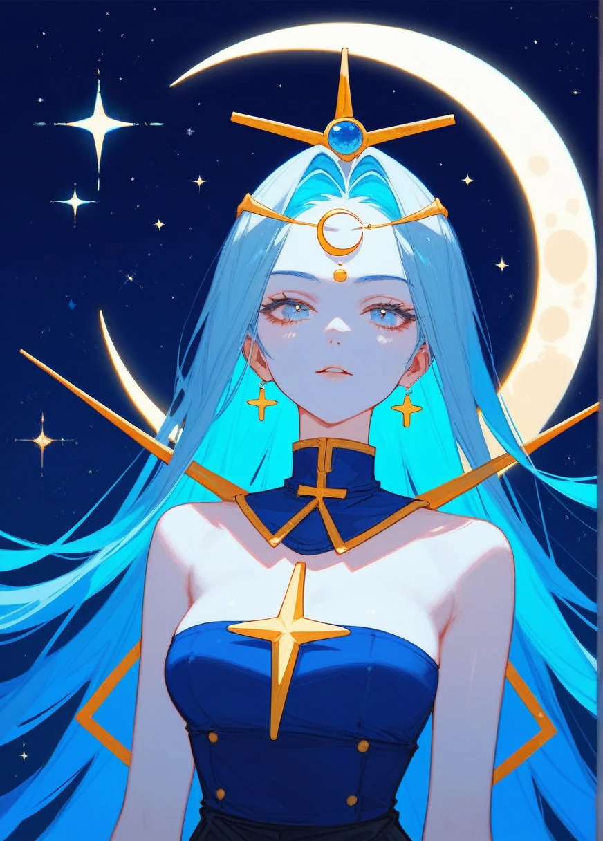 (Fraction_9,Fraction_8_Direction_7_up),1 Woman，（（whole body）），Moon Goddess，Ball head，Blessing of Elune，There is a crescent moon behind，High Priest，Blue Hair，White眼睛，light blue colored skin，There is a six-pointed star on the clothes，White，Metal pattern at waist，