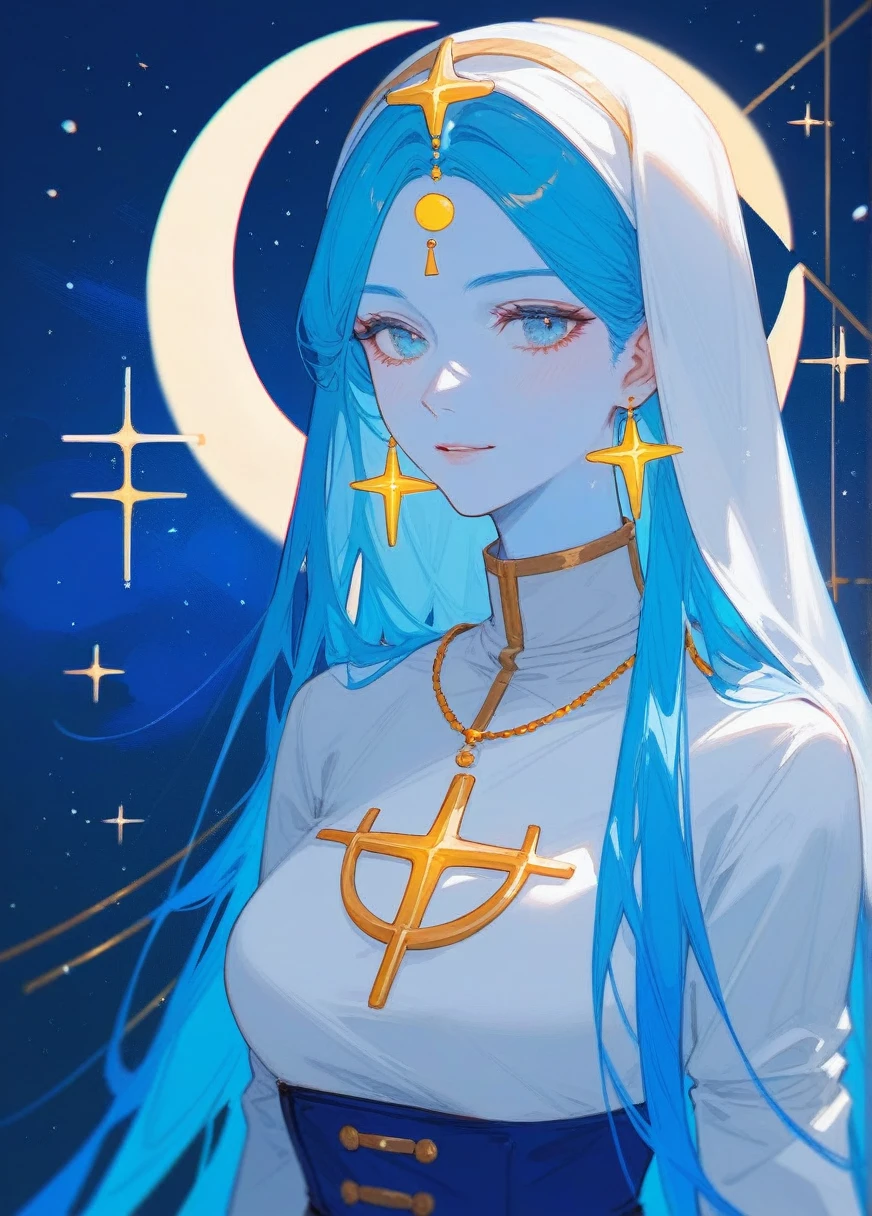 (Fraction_9,Fraction_8_Direction_7_up),1 Woman，（（whole body）），Moon Goddess，Ball head，Blessing of Elune，There is a crescent moon behind，High Priest，Blue Hair，White眼睛，light blue colored skin，There is a six-pointed star on the clothes，White，Metal pattern at waist，