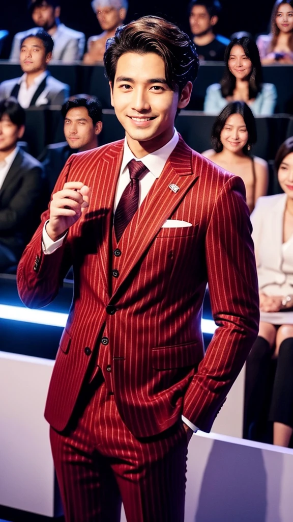 Crimson striped suit、　Handsome 30 year old scientist、The hair is in order..No short beard.no beard.　（A handsome young man in an S-Class suit.）、　Japanese male, 30 years old、　merchant、　Luxury dress、　office、　stand up in suitＳHandsome young man、　full body image、　（ภาพถ่ายที่มีรายละเอียดhigh CG Unity 8K）、　（very detailedＳHandsome young manในชั้นเรียน）、　（The photos are real.）、　　（（คุณภาพhighสุด））、　Awesome detailasterpiece）、　คุณภาพhighเป็นพิเศษ、　high、　audience、　gentleman、　I'm beautiful.、　short hair、　Vivid photos、　Handsome like a model、　Handsome like an idol、　Luxury watches、　Eyes balanced looking at the audience with a slight smile