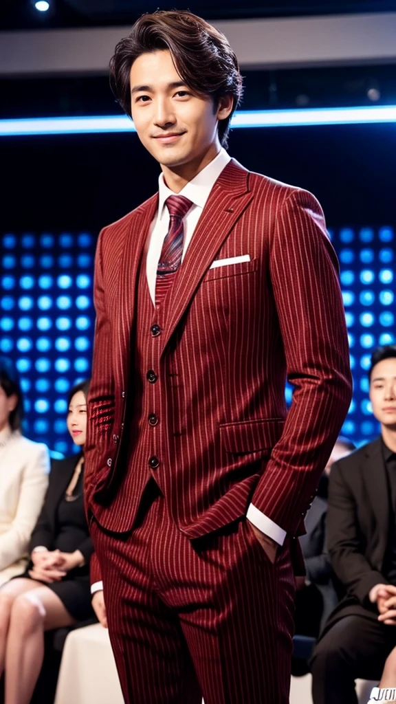 Crimson striped suit、　Handsome 30 year old scientist、The hair is in order..No short beard.no beard.　（A handsome young man in an S-Class suit.）、　Japanese male, 30 years old、　merchant、　Luxury dress、　office、　stand up in suitＳHandsome young man、　full body image、　（ภาพถ่ายที่มีรายละเอียดhigh CG Unity 8K）、　（very detailedＳHandsome young manในชั้นเรียน）、　（The photos are real.）、　　（（คุณภาพhighสุด））、　Awesome detailasterpiece）、　คุณภาพhighเป็นพิเศษ、　high、　audience、　gentleman、　I'm beautiful.、　short hair、　Vivid photos、　Handsome like a model、　Handsome like an idol、　Luxury watches、　Eyes balanced looking at the audience with a slight smile